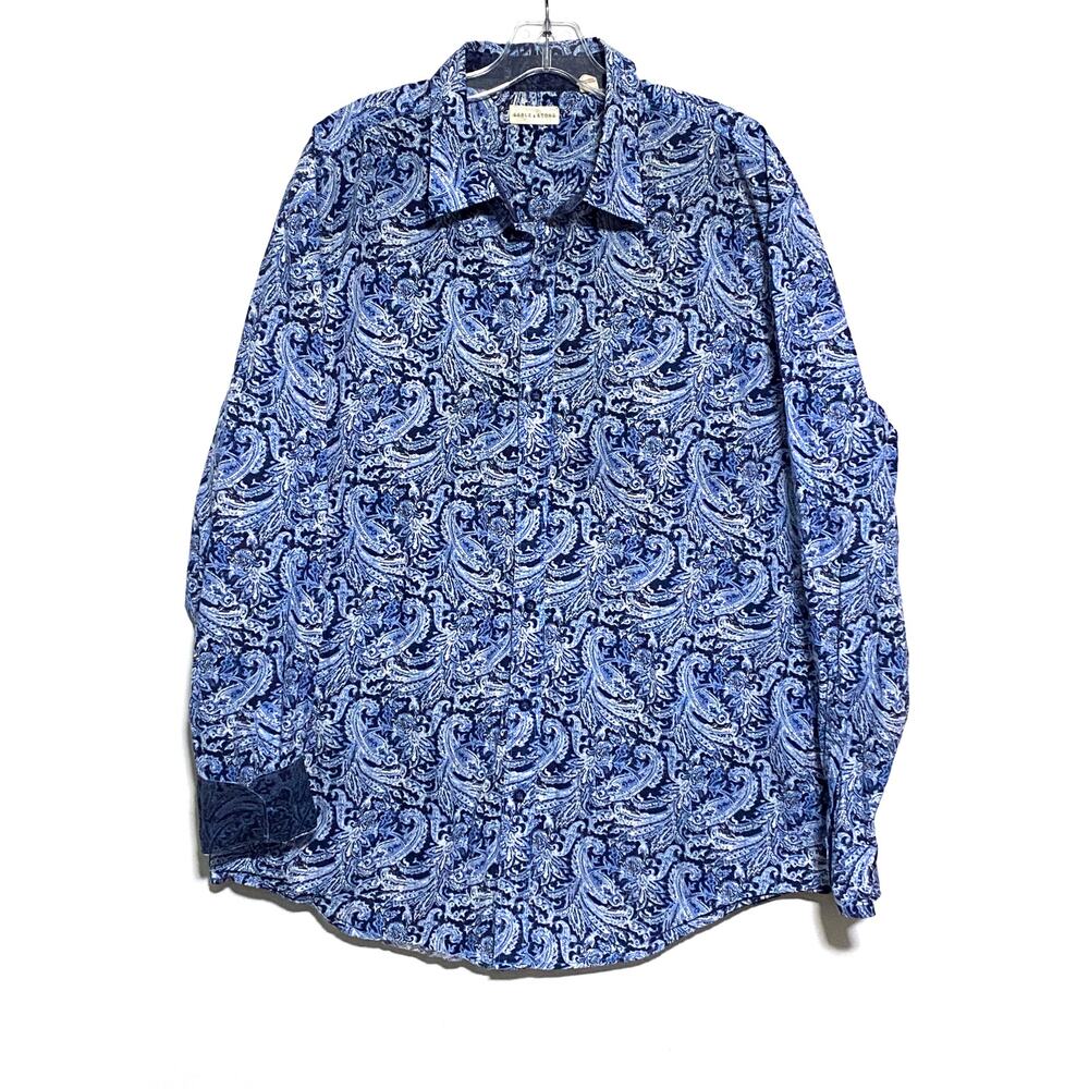 Sable&Stone Blue Paisley Button Shirt Men 2XL Flip Cuff Coastal Luxe Maximalist